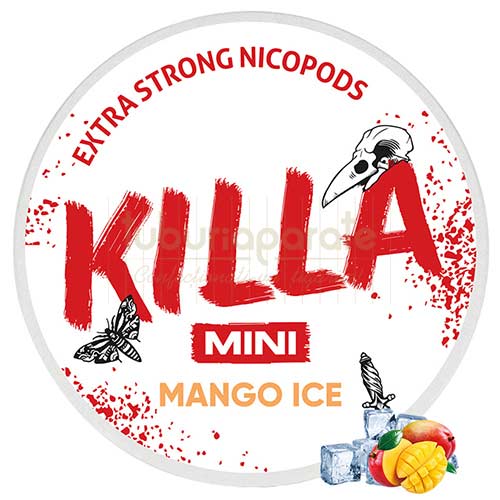 Cutie din plastic cu 30 de pliculete cu nicotina aroma de mango Killa Mango Ice Mini Extra Strong
